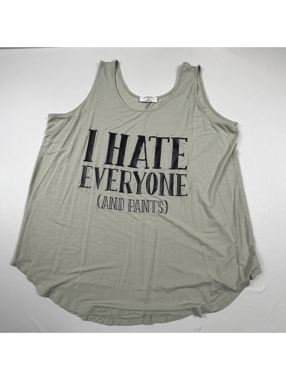 Zenana 3X Beige Modal Spandex Tank Top with 'I Hate Everyone (And Pants)' Print